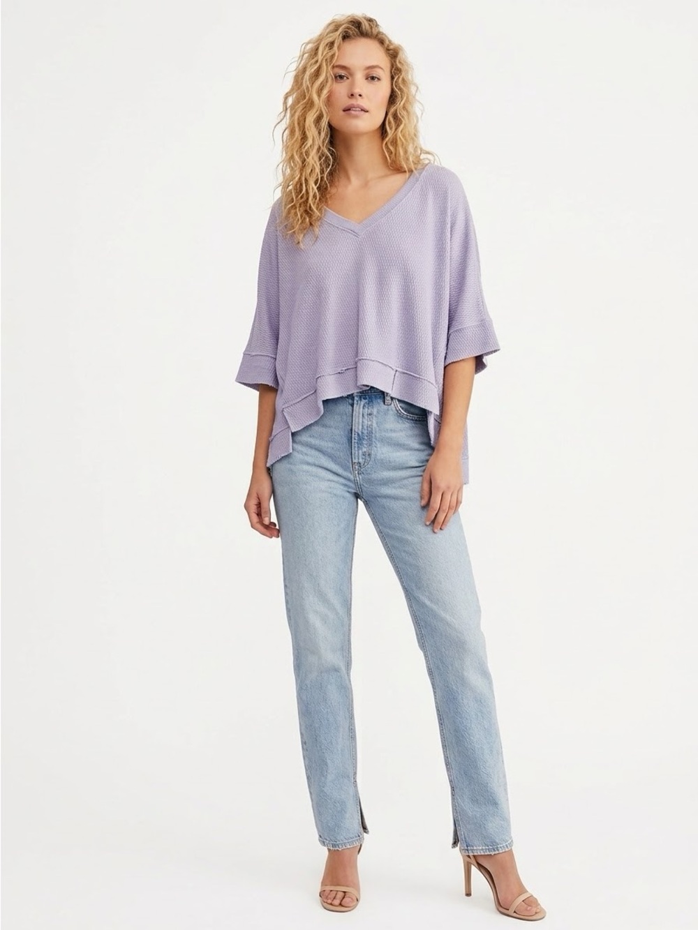 WE THE FREE | FREE PEOPLE LAVENDER WAFFLE KNIT OVERSIZED V NECK TUNIC TOP